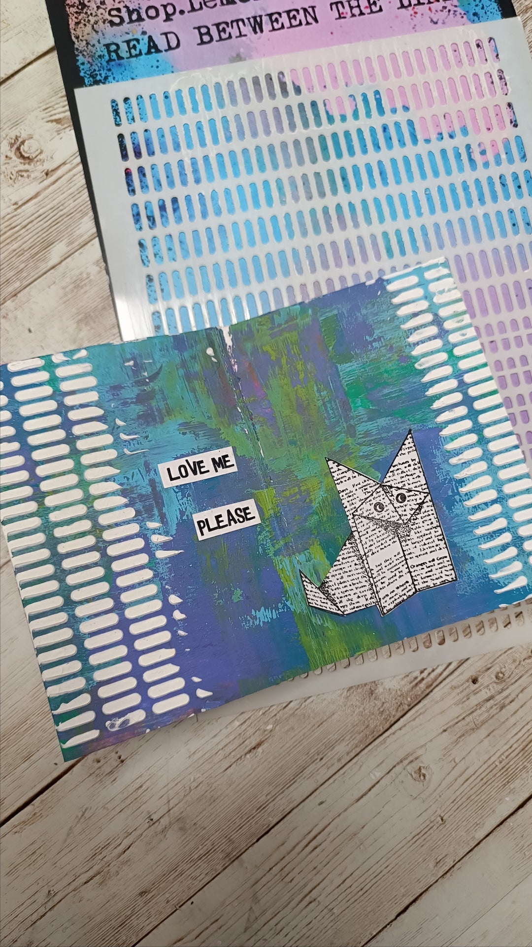 Mixed media stencil- READ BETWEEN THE LINES