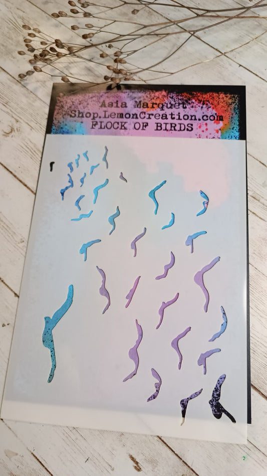 Mixed media stencil- FLOCK OF BIRDS
