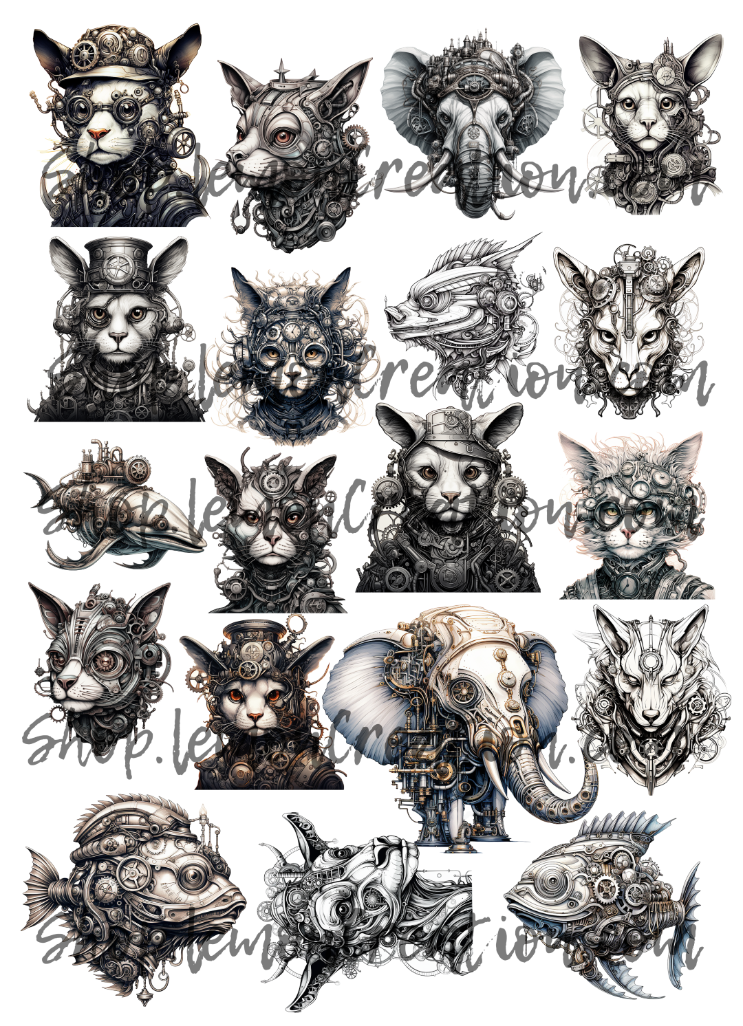 DIGITAL DOWNLOAD FILE- Black & White Steampunk Animals