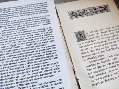 Set of vintage papers/ ephemera from old books: texts in English, German, Greek, Russian, French with drawings, for junk journal