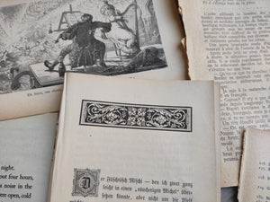 Set of vintage papers/ ephemera from old books: texts in English, German, Greek, Russian, French with drawings, for junk journal